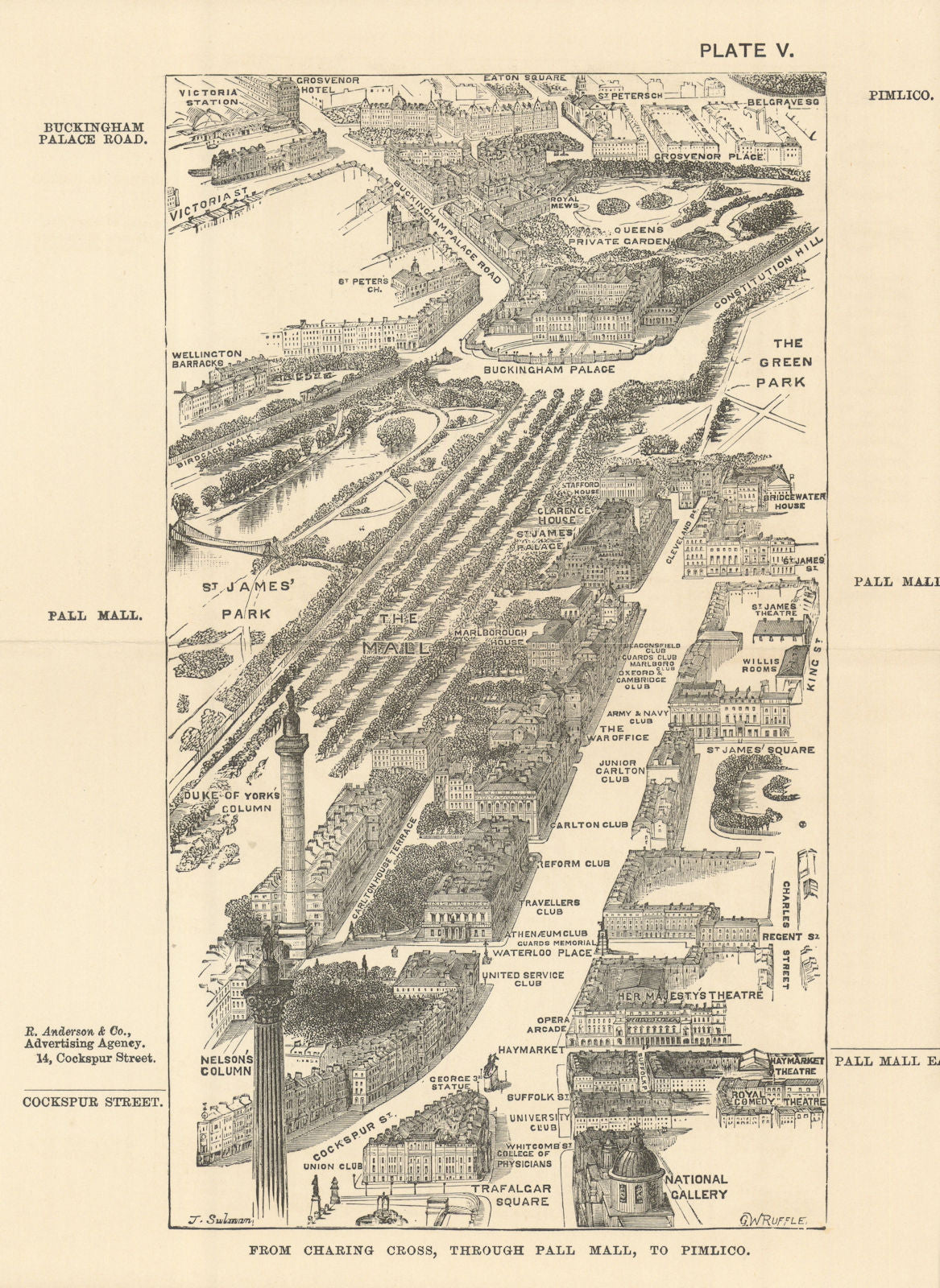 Charing Cross bird's eye view. Pall Mall to Pimlico. SULMAN 1890 old map